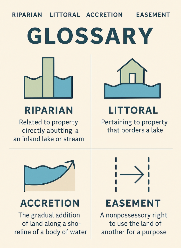 Infographic glossary of Michigan riparian rights terms with icons and definitions for riparian rights, littoral rights, accretion, and easement.